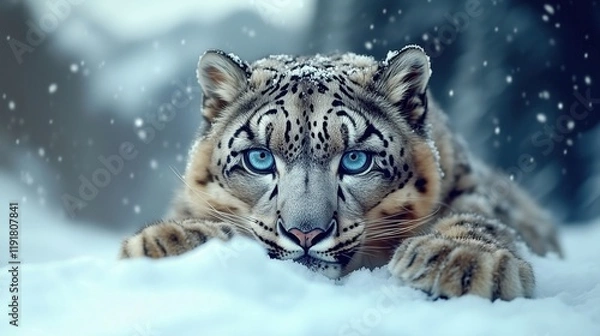 Fototapeta Snow leopard in a low crouch in a snowy environment, with piercing blue eyes, falling snowflakes, and a detailed fur pattern, showcasing a stealthy and focused pose.