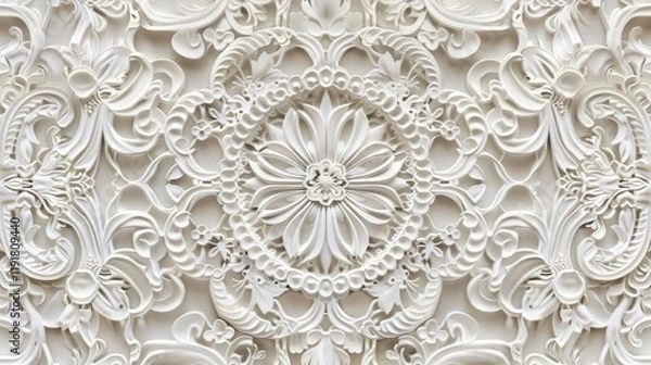 Fototapeta Intricate white ornamental design featuring floral and scroll motifs.