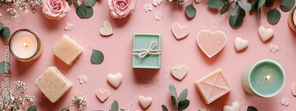 Obraz Assorted heart shaped chocolates and rose petals for a Valentines sale promotion
