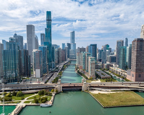 Fototapeta Aerial View of Chicago's Skyline and River.  September 2023.