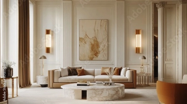 Fototapeta Elegant living room interior design, Parisian apartment, modern furniture, calm ambiance, home decor