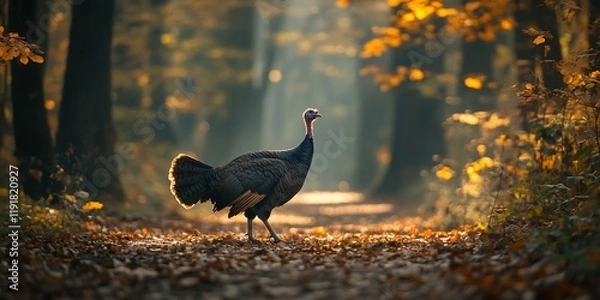 Obraz Wild turkey strolling autumn forest path