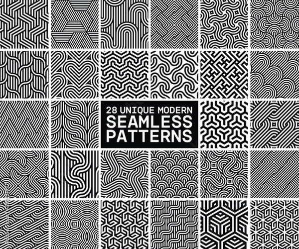 Fototapeta Vector set of 28 geometric linear patterns. Collection of seamless modern textures for your design.
