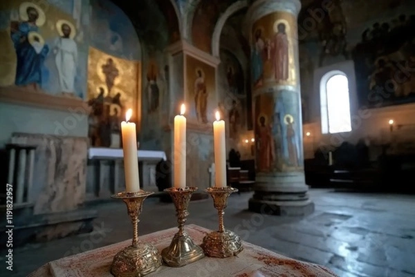 Fototapeta Lenten season: Orthodox start, ecclesiastical fasting, sacred observance, priestly ritual, church gathering, spiritual renewal, holy dedication, prayerful worship, liturgical solemnity.