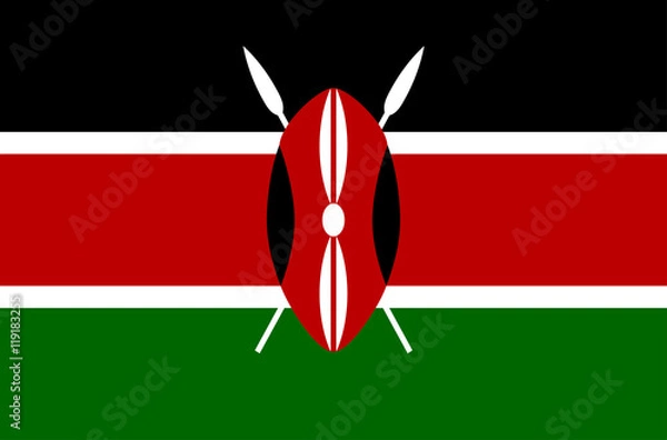Fototapeta Vector flat style Republic of Kenya state flag. Official design of Kenya national flag. Symbol with horizontal stripes and emblem. Independence day, holiday, button, background, clip art illustration