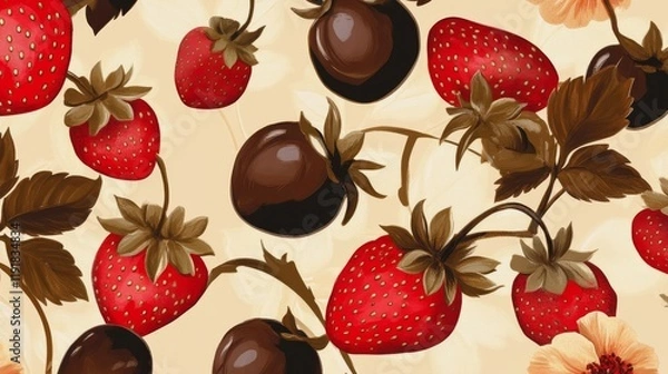 Fototapeta 72.A seamless ecru beige design featuring chocolate-covered strawberries, highlighted by their rich brown coatings and vibrant red bases. The arrangement is balanced and festive, perfect for