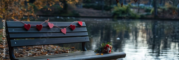 Obraz Romantic Bench with Heart Decorations by the Water