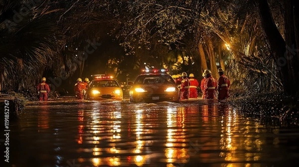 Obraz Emergency Response Teams Conduct Flood Rescue Operations in Submerged Streets at Night During Severe Weather Event