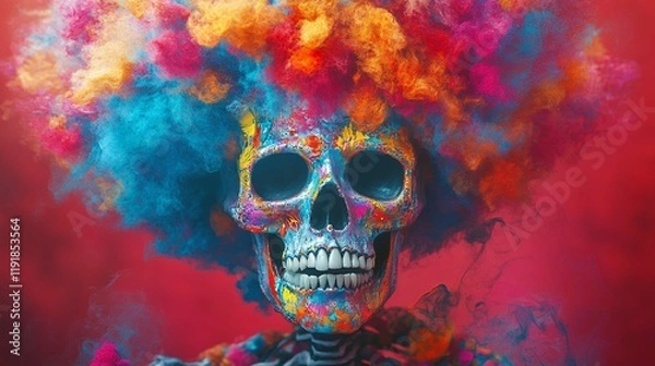 Fototapeta A vibrant skull with a massive, exploding hair of paint. A surreal and colorful piece of digital art.