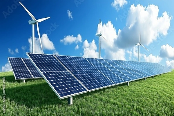Fototapeta Photovoltaic panels and wind turbines on a grassy field with a storage battery in the background, green energy, photorealistic,  - Generative AI