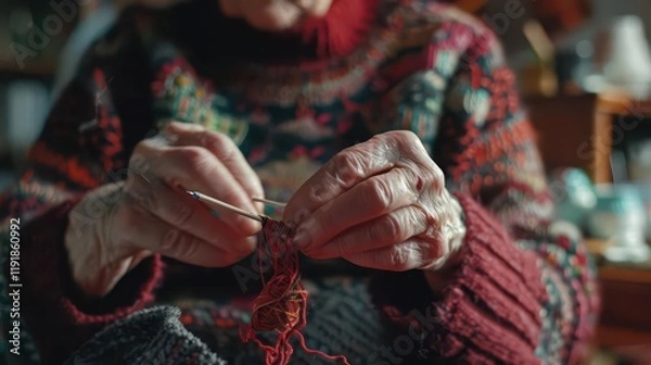 Obraz An elderly person's hands knitting with colorful yarn, showcasing craftsmanship and tradition.