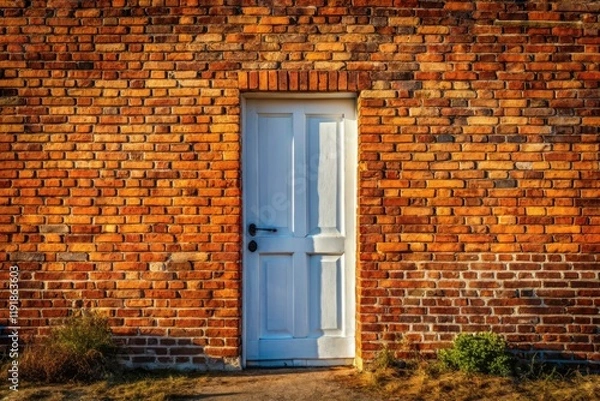 Fototapeta White Door Brick Wall Sky Photography - Architectural Image, Exterior Design, Building Facade, Brickwork, Minimalist Architecture