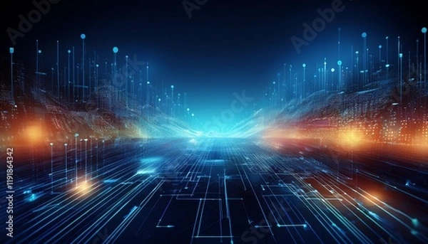 Fototapeta A futuristic digital landscape featuring glowing lines and data streams, creating a sense of depth and technological advancement.