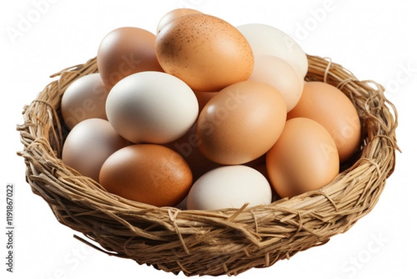 Obraz Basket of white and brown eggs, farm eggs, on a white background, generative AI