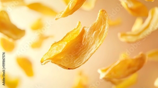 Fototapeta Close-up of numerous golden-yellow dehydrated jackfruit chips levitating against a soft, blurred, light-orange background.
