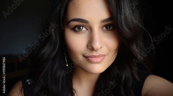 Obraz Pretty young woman, with nose piercing, has long dark brown hair, with big brown eyes, wears a black short-sleeved blouse, generative AI.