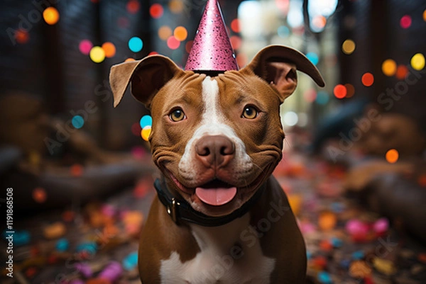 Obraz Cute brown and white pitbull dog with tongue out, celebrating his birthday with a cute party hat, generative AI
