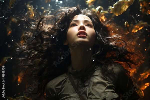 Obraz Levitating woman with long, floating black hair, looking up at the night sky, with water drops and orange lights, generative AI