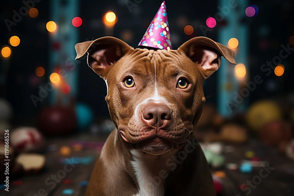 Obraz Beautiful pitbull with soft fur, brown and white color celebrating his birthday, with a colorful party hat, with bokeh in the dark background, generative AI