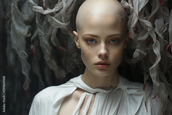 Obraz Portrait of a cute, thin, white-skinned woman with blue eyes, no hair, bald, wearing white clothes, with a serious look, generative IA.