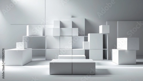 Fototapeta A monochromatic scene showcasing an arrangement of white cubes in a minimalist contemporary setting. The clean, geometric shapes highlight modern design principles, creating an atmosphere of calm and 