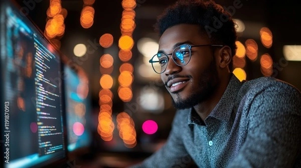 Fototapeta Young man with glasses smiles while working on a computer surrounded by colorful lights, showcasing coding and programming skills in a modern, creative workspace.