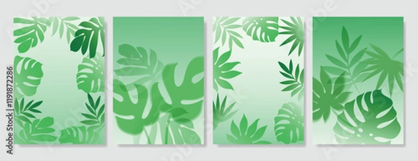 Obraz Abstract Green Summer landscape background vector set. Nature Jungle forest wallpaper of tropical leaf, monstera gradient. Foliage Illustration for cover, wall art, decoration.