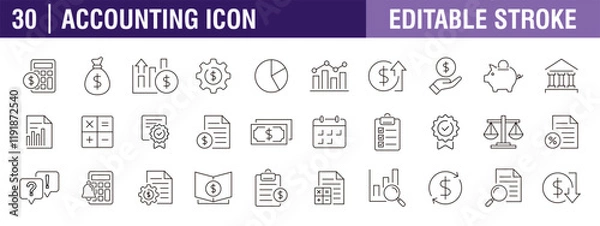 Fototapeta Collection of accounting icons. Financial, business, statement, calculator. Vector design template, signs, symbols, editable stroke.