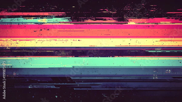 Fototapeta Retro pixel glitch art with bright horizontal lines in vibrant colors. This abstract design features mix of pink, blue, and yellow hues, creating dynamic visual experience