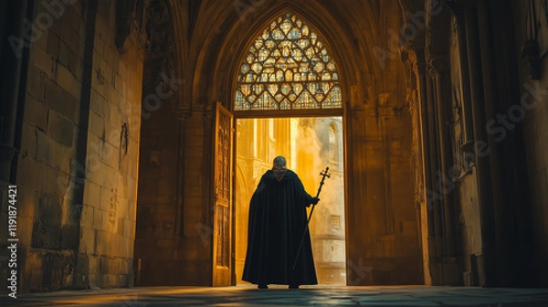 Fototapeta An individual in a cloak stands with a staff in a cathedral doorway. Light pours from the open door, casting a warm glow on the stone interior.

