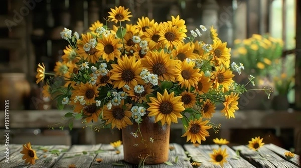 Fototapeta A vibrant bouquet of sunflowers and small flowers in a rustic setting.