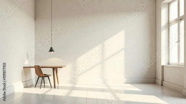 Fototapeta Sunlight streams into a minimalist room, illuminating a simple wooden desk and chair, creating a serene and calming atmosphere.