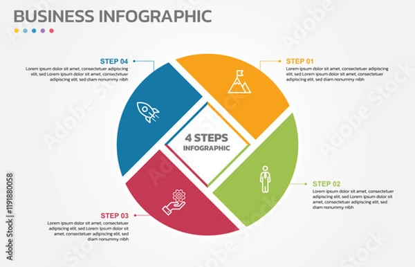 Fototapeta Visual data presentation. Cycle diagram with 4 options. Pie Chart Circle infographic template with 4 steps, options, parts, segments. Business concept. Editable pie chart with sectors.