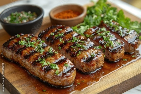 Fototapeta an enticing presentation of american barbecue featuring grilled pork steaks drizzled with gravy surrounded by aromatic spices and fresh greens all artfully arranged on a rustic wooden plate