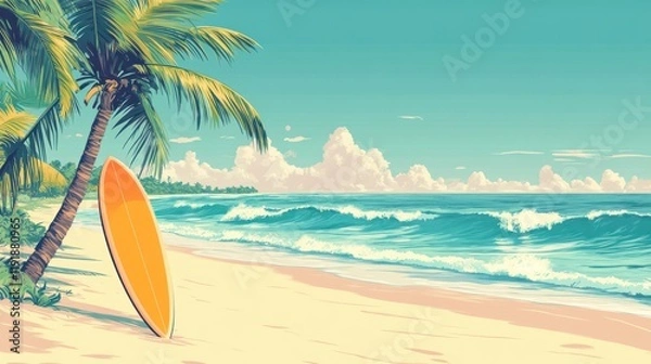 Fototapeta Tropical beach scene with surfboard under palm tree.