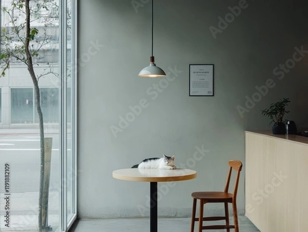 Fototapeta Cozy cafe interior with a cat lounging on a round table