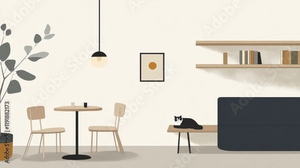 Fototapeta Cozy Minimalist Room with Cat and Simple Furniture Decor