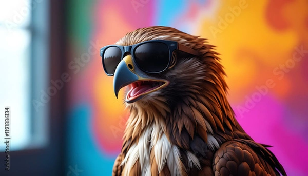 Obraz Funny hawk wearing sunglasses in studio with a colorful and bright background. Generative AI