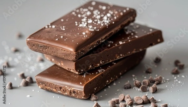 Obraz Close-up of three pieces of dark chocolate with sea salt on top, surrounded by chocolate chips.
