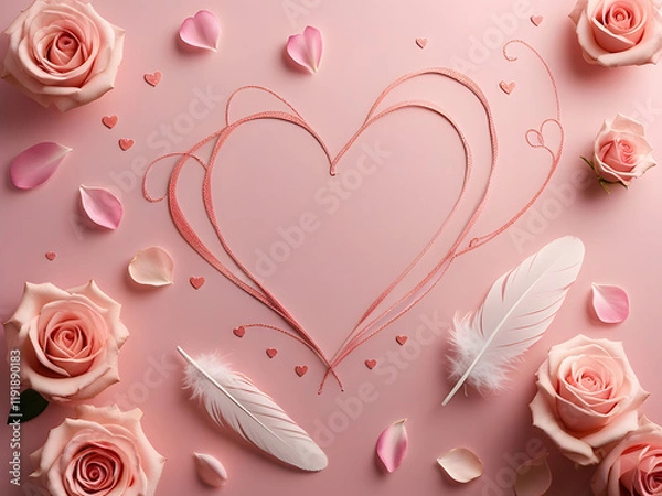 Obraz love and affection theme flat lay composition with pale pink rose petals and creamy white feathers on pastel pink background