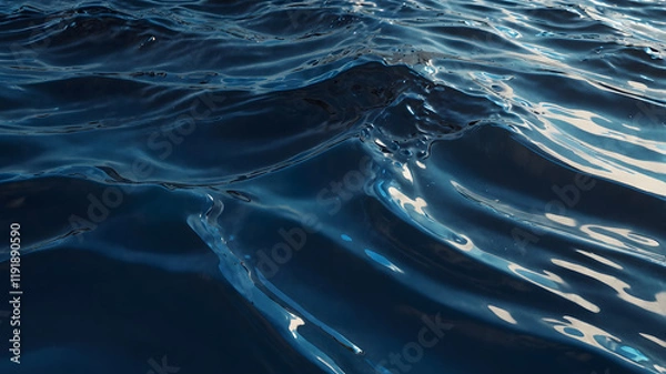Fototapeta This mesmerizing image captures the stunning texture of dark blue water ripples reflecting light. Ideal for backgrounds, presentations, and designs