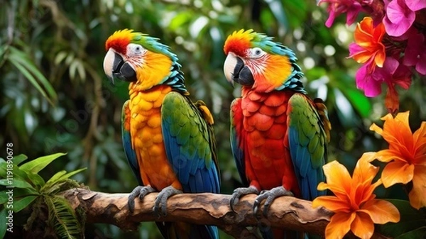 Fototapeta Vibrant Macaws Perched on Branch surrounded by tropical flora in a lush rainforest scene