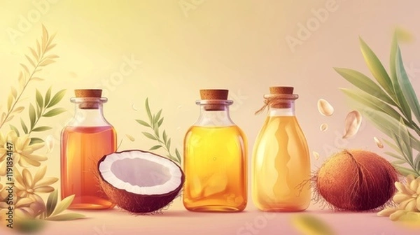 Fototapeta 54.A detailed vector art collection featuring stylized bottles of almond, coconut, and corn oil, accented with organic shapes and soft gradient backgrounds.