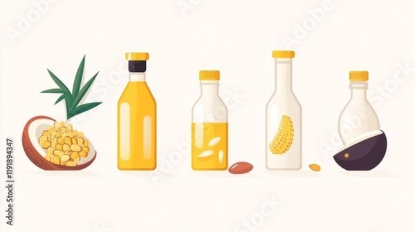 Obraz 52.A flat icon set displaying simplified graphics of oil bottles with almonds, coconuts, and corn kernels, highlighted by soft shadows and pastel color palettes.