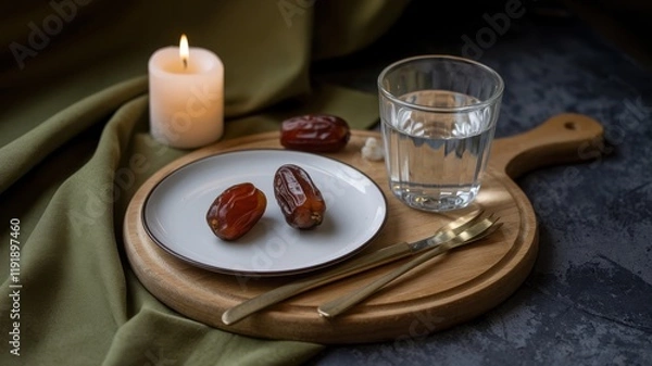 Fototapeta Dates Water Candle And Simple Table Setting