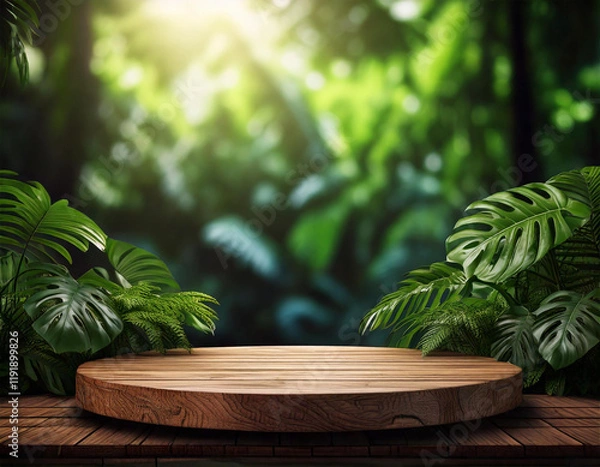 Fototapeta Wooden podium stage for show products with green Monstera on blurred forest background