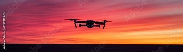 Fototapeta Drone flying against a stunning sunset backdrop, capturing beauty.