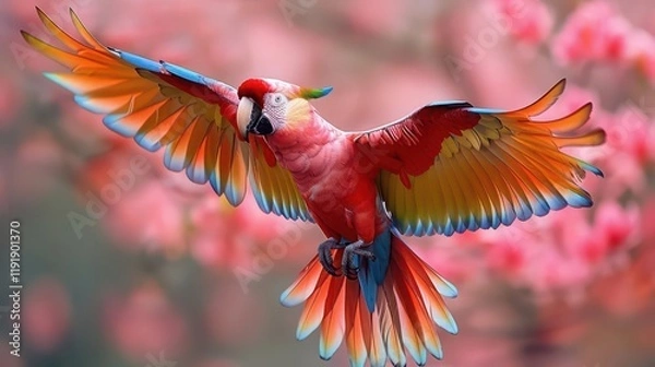 Fototapeta A vibrant parrot in flight against a backdrop of pink blossoms.