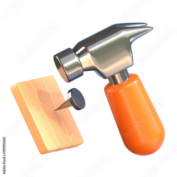Fototapeta Hammer and Nail 3D Icon, symbolizing essential tools in construction and woodworking