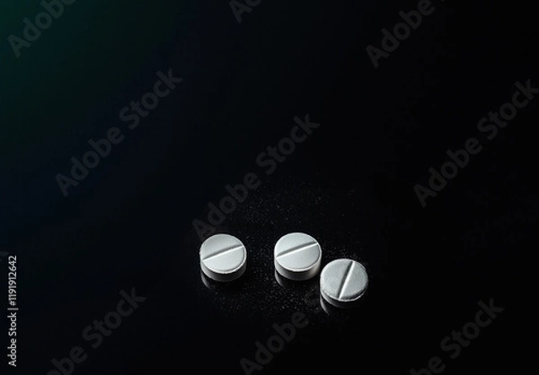 Fototapeta White Pills on a Black Background: Highlighting the Opioid Crisis, Addiction, and Substance Abuse – A Powerful Visual Representation of Prescription Drug Misuse, Dependency, and Overdose Awareness